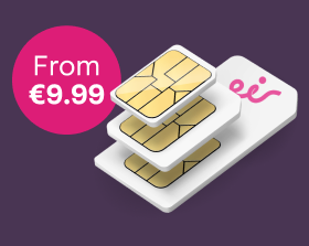 An eir SIM card with two microchips coming out of it alongside a pink roundel which reads From €9.99
