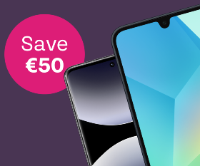 An image of two handsets alongside a pink roundel which reads Save €50